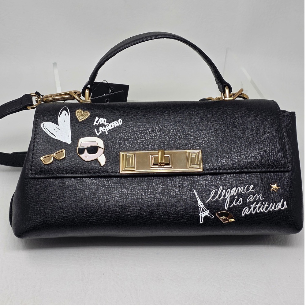 Karl Lagerfeld Paris Black Leather Paris Patches Crossbody Bag L5GEU5EG NEW
